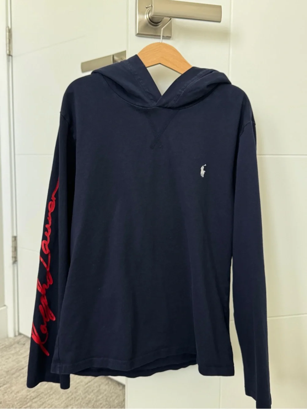 Ralph Lauren Navy Crewneck Hoodie with Red Sleeve Script Boys size M 10-12